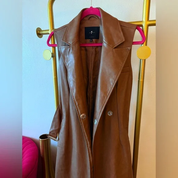 7 For All Mankind Sleeveless Faux-Leather Trench Vest/Jacket in Brown/Tan Color - Picture 8 of 13